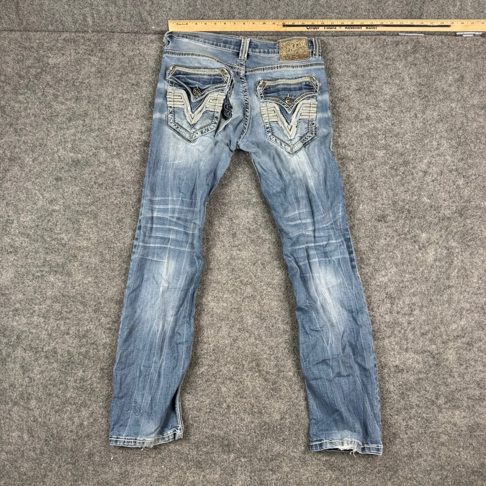 Affliction Jeans Mens Size 31 Gage Blue Distressed Embroidered Flap Pocket Denim